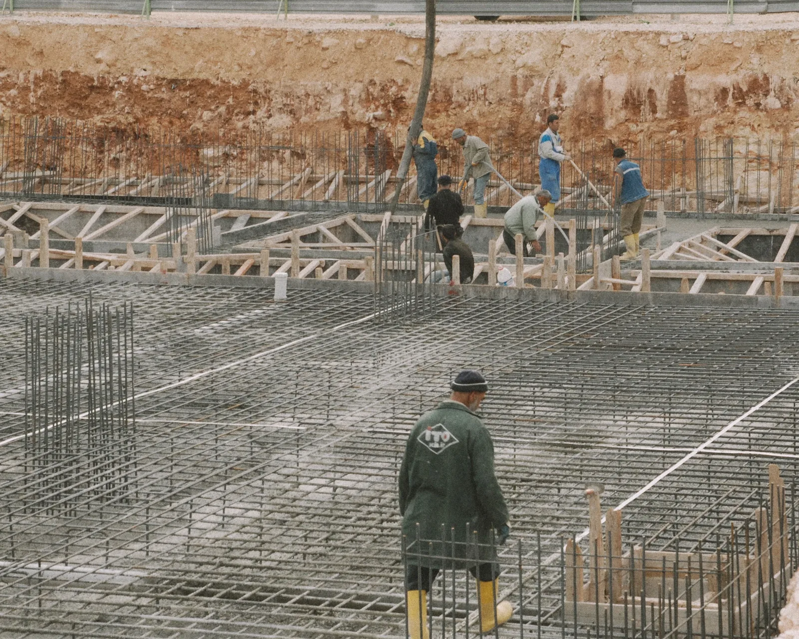 Reinforcement cages installed in a foundation excavation